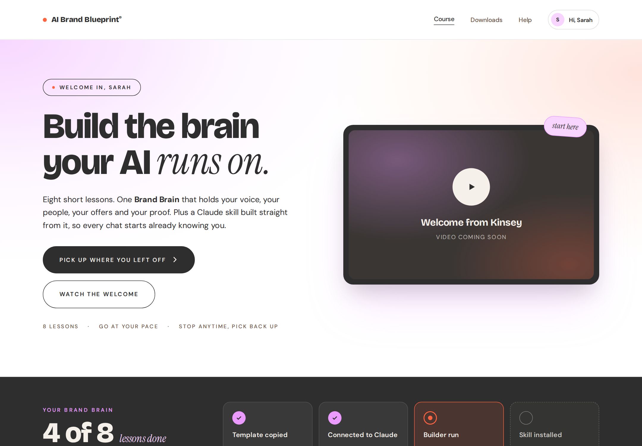 The AI Brand Blueprint course home, showing lesson progress, milestones and the four course sections